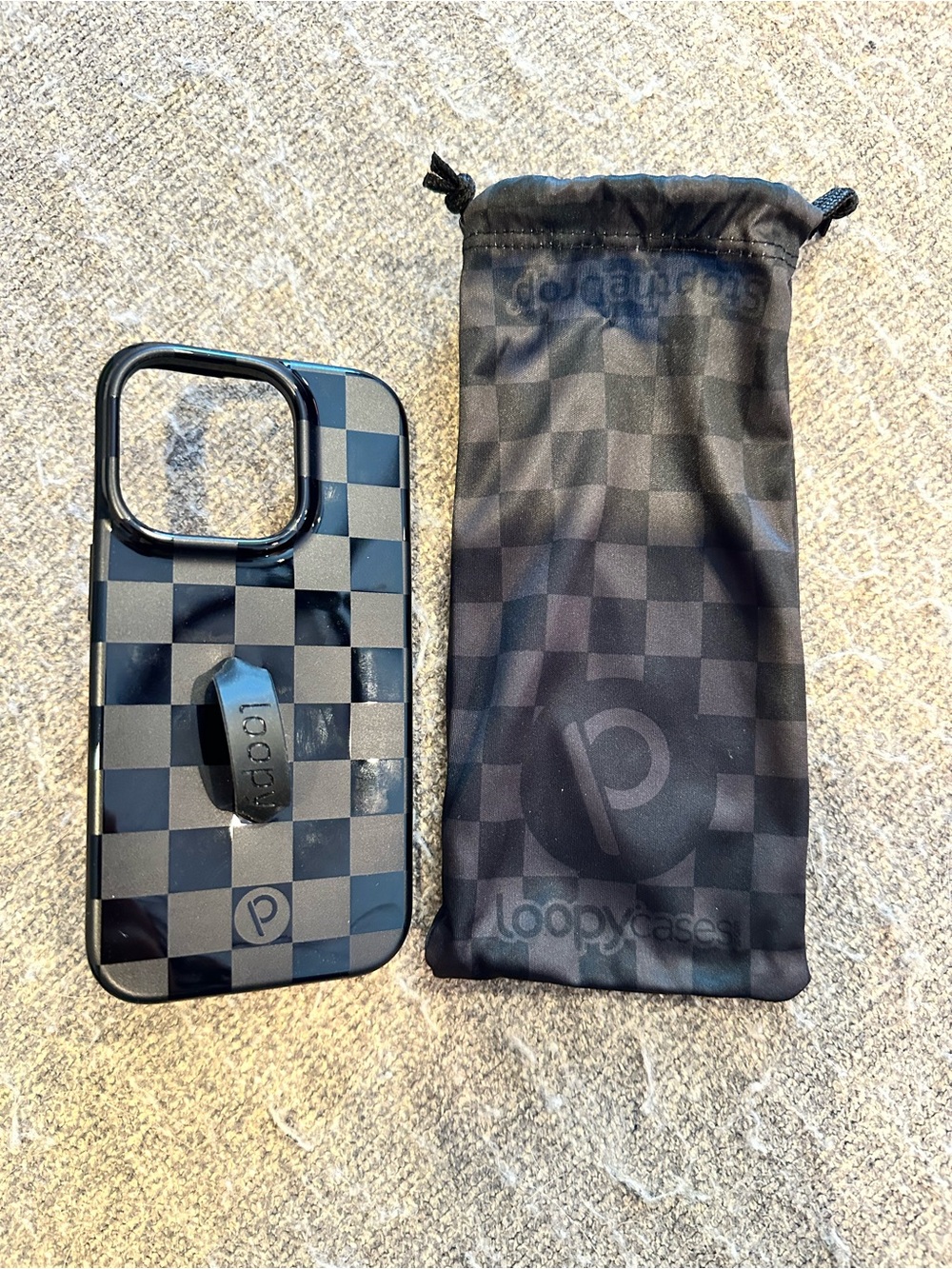 Loopy Black Checkered iPhone 14 Pro Case with Loop Grip and Matching Pouch